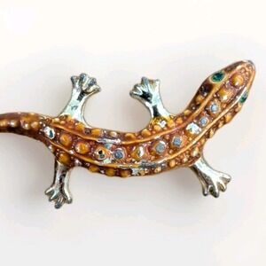 Vintage Gecko Lizard Brooch Pin Green Stone Eye Brown Gold Tone Enamel Pin